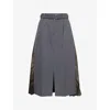 Sacai Belted Paneled Striped Woven And Pleated Satin-twill Midi Skirt In Gray