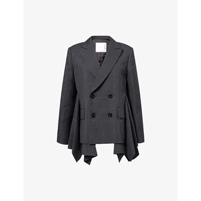 Sacai Womens Gray Glen-check Pleated Wool Blazer