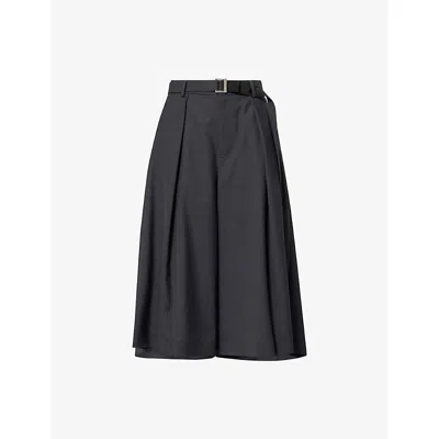 Sacai Womens Gray Pleat Wide-leg Cropped Woven Trousers In Black