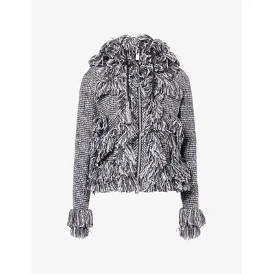 Sacai Womens Gray Tassel-trim Hooded Tweed Jacket Xl
