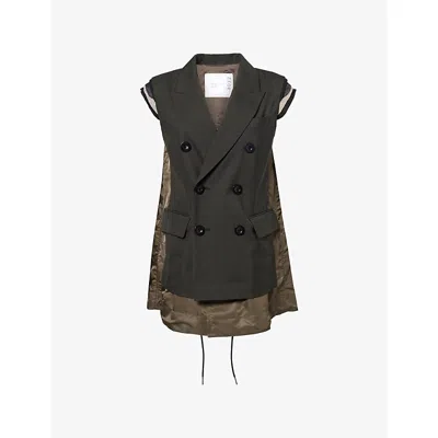 Sacai Womens Khaki Glen-check Contrast-shell Wool Vest In Green