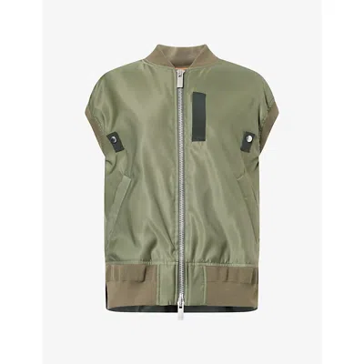 Sacai Womens Khaki Relaxed-fit Ribbed-trim Shell Gilet In Green