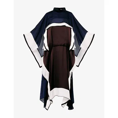 Sacai Womens Layered Cape Satin And Chiffon Midi Dress Brown Ecru