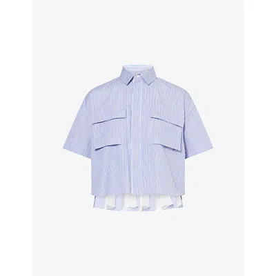 Sacai Womens Light Blue Stripe Striped Crop Cotton-poplin Shirt