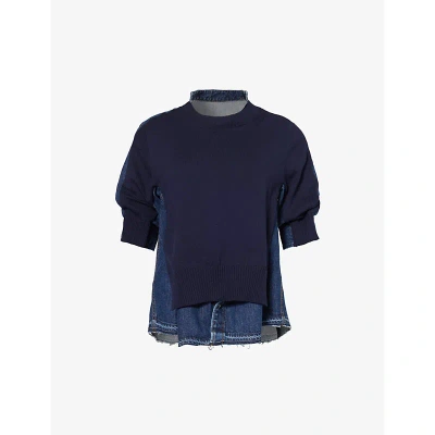 Sacai Womens Navy Blue Raw-hem Denim And Knitted Relaxed-fit Top