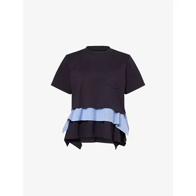 Sacai Womens Navy Blue Stripe Tiered Patch-pocket Cotton Top Xl
