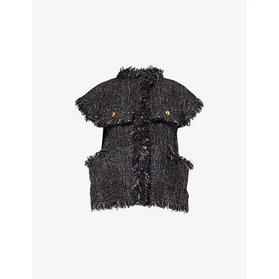 Sacai Womens Navy Fringed Sleeveless Wool-blend Jacket Xl In Black