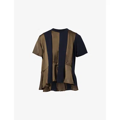 Sacai Womens Navy Khaki Pleated Panel Cotton And Satin T-shirt In Multi