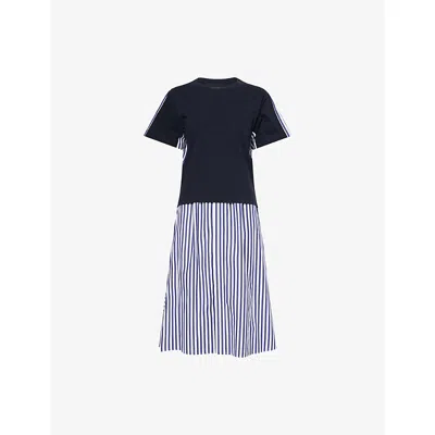 Sacai Womens Navy Stripe Belted Striped Cotton-jersey Midi Dress