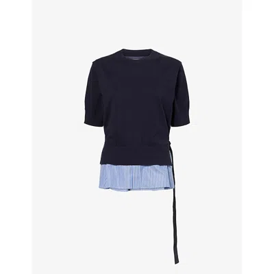 Sacai Womens Navy Stripe Stripe Poplin And Cotton-knit Top In Blue