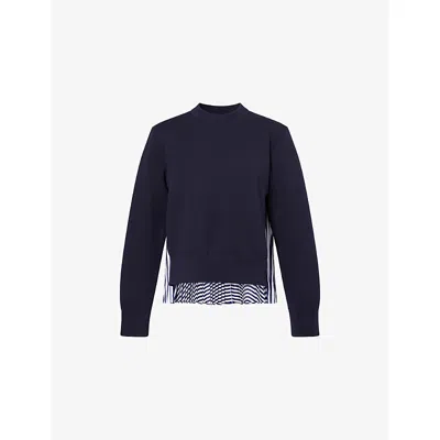 Sacai Womens Navy Striped Pleated Cotton-blend Sweatshirt In Blue