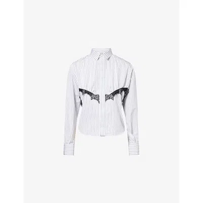 Sacai Womens Off White Stripe Lace-appliqué Pinstripe Cotton Poplin Shirt