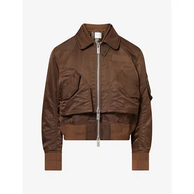 Sacai Womens Overlay Funnel-neck Woven Jacket Brown Xl