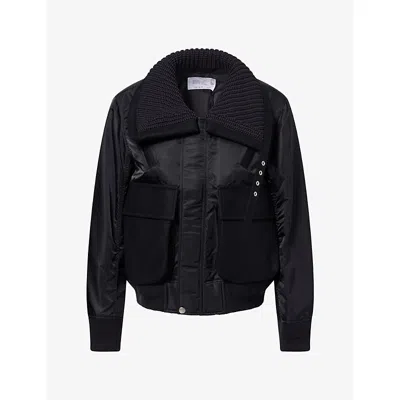 Sacai Womens Patch-pocket Nylon And Wool Bomber Jacket Black Xl