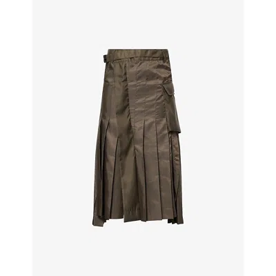 Sacai Womens Khaki Pleated Belted Shell Midi Skirt In Brown