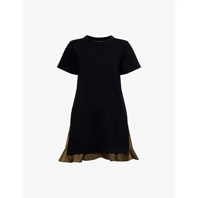 Sacai Womens Navy Khaki Pleated-contrast Short-sleeves Cotton-jersey Mini Dress In Multi