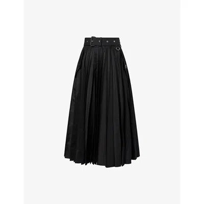Sacai Womens Black Belted Pleated Cotton-garbadine Midi Skirt