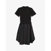 Sacai Womens Belted Short-sleeves Cotton-poplin Midi Dress Black In Black