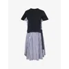 Sacai Pleated Cotton Poplin Midi Dress In Navy Stripe