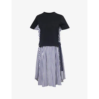 Sacai Pleated Cotton Poplin Midi Dress In Navy Stripe