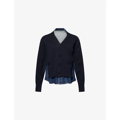 Sacai Womens Blue Contrast-denim V-neck Cotton-blend Cardigan