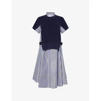 Sacai Womens Navy Contrast-knit Short-sleeves  Cotton-poplin Maxi Dress In Blue