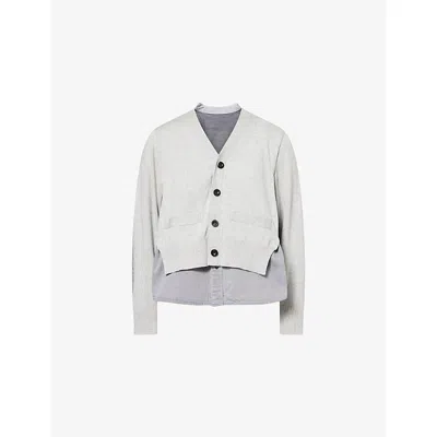 Sacai Womens Gray Contrast-panelled Denim And Cotton-knit Cardigan
