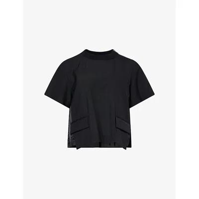 Sacai Womens Black Cropped Short-sleeves Woven Top