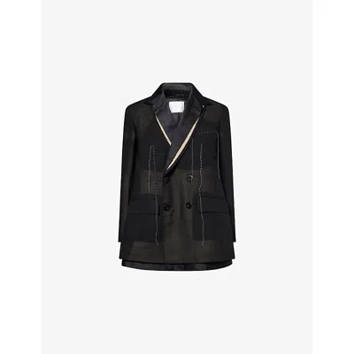 Sacai Womens Black Embroidered Pleated Woven Blazer