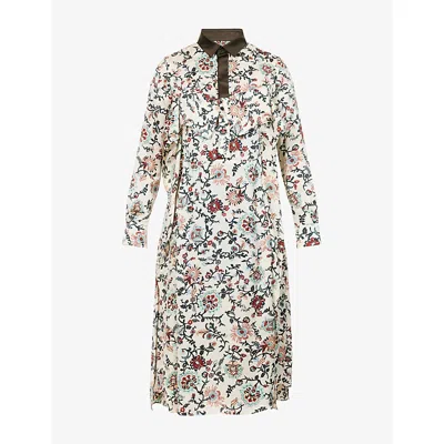 Sacai Womens  Florla-print Satin-collar Woven Midi Dress In Ivory