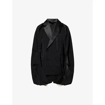 Sacai Womens Black Peak-lapel Draped Wool Mini Dress