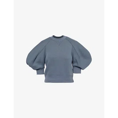 Sacai Womens Blue Gray Puff-sleeve Cropped Cotton-jersey Sweatshirt