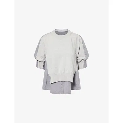 Sacai Womens Gray Short-sleeve Layered Cotton-knit And Denim Top
