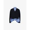Sacai Womens Striped Asymmetric-hem Cotton-blend Cardigan Navy Blue Stripe