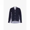 Sacai Womens Navy Navy Stripe Striped Knitted-panels Cotton-poplin Cardigan In Navy Navy Stripe