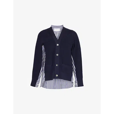 Sacai Womens Navy Navy Stripe Striped Knitted-panels Cotton-poplin Cardigan
