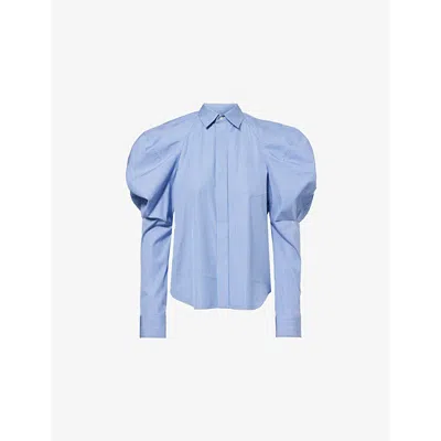 Sacai Womens Striped Puffed-sleeves Cotton-poplin Shirt Blue Stripe
