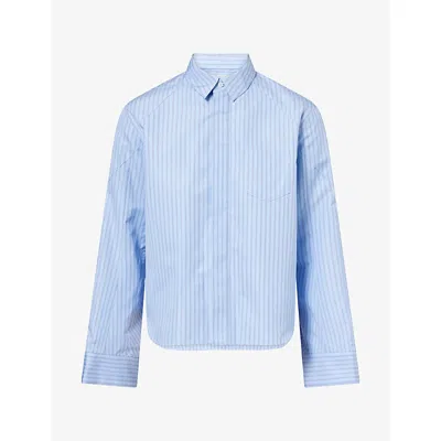Sacai Womens Striped Oversized-cuff Cotton-blend Shirt L Blue Stripe