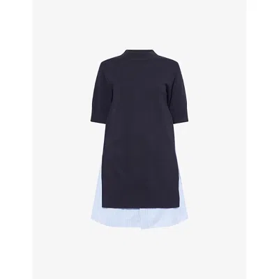 Sacai Womens Navy Blue Stripe Striped Short-sleeves Cotton-knit Mini Dress