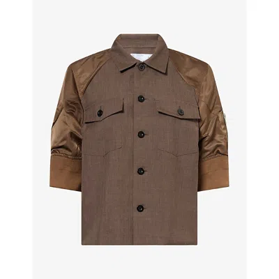 Sacai Womens Suiting Contrasting-sleeve Wool Shirt Brown Xl