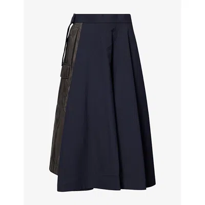 Sacai Womens Suiting Panelled Woven Midi Skirt Navy D Khaki Xl In Blue