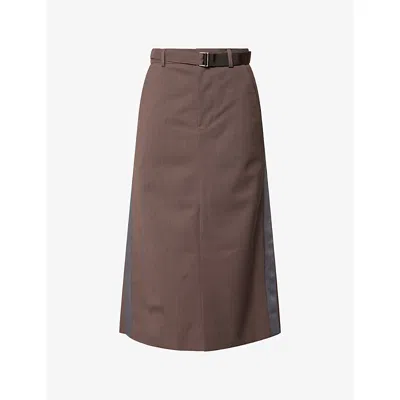 Sacai Womens Taupe Pleated Satin And Wool Midi Skirt In Blue