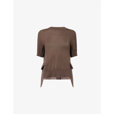 Sacai Womens Taupe Suiting-contrast Wool And Cotton-knit Top In Brown