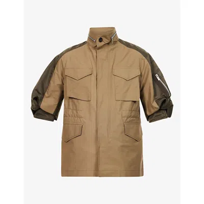 Sacai Womens Weather Funnel-neck Cotton And Woven-twill Jacket Beige D Khaki