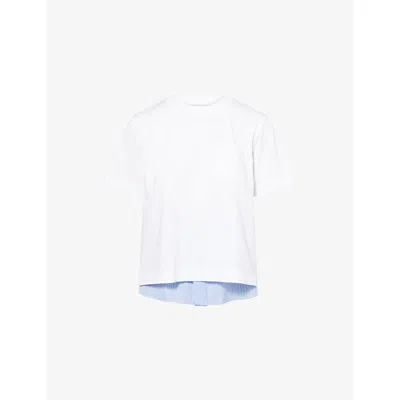 Sacai Womens White Blue Stripe Striped-panel Short-sleeves Cotton-jersey T-shirt