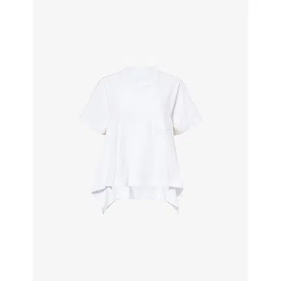 Sacai Womens White Relaxed Satin-panel Cotton-jersey T-shirt