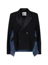 Sacai Womens Black Blue Tailored-contrast Wool And Denim Jacket In Multi