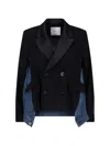 Sacai Womens Black Blue Tailored-contrast Wool And Denim Jacket In Black
