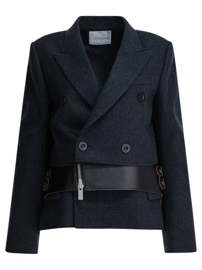 SACAI WOOL AND LEATHER COAT JACKETS AND COATS GREY