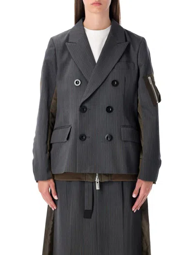 Sacai Wool And Twill Double-breasted Blazer In Brown